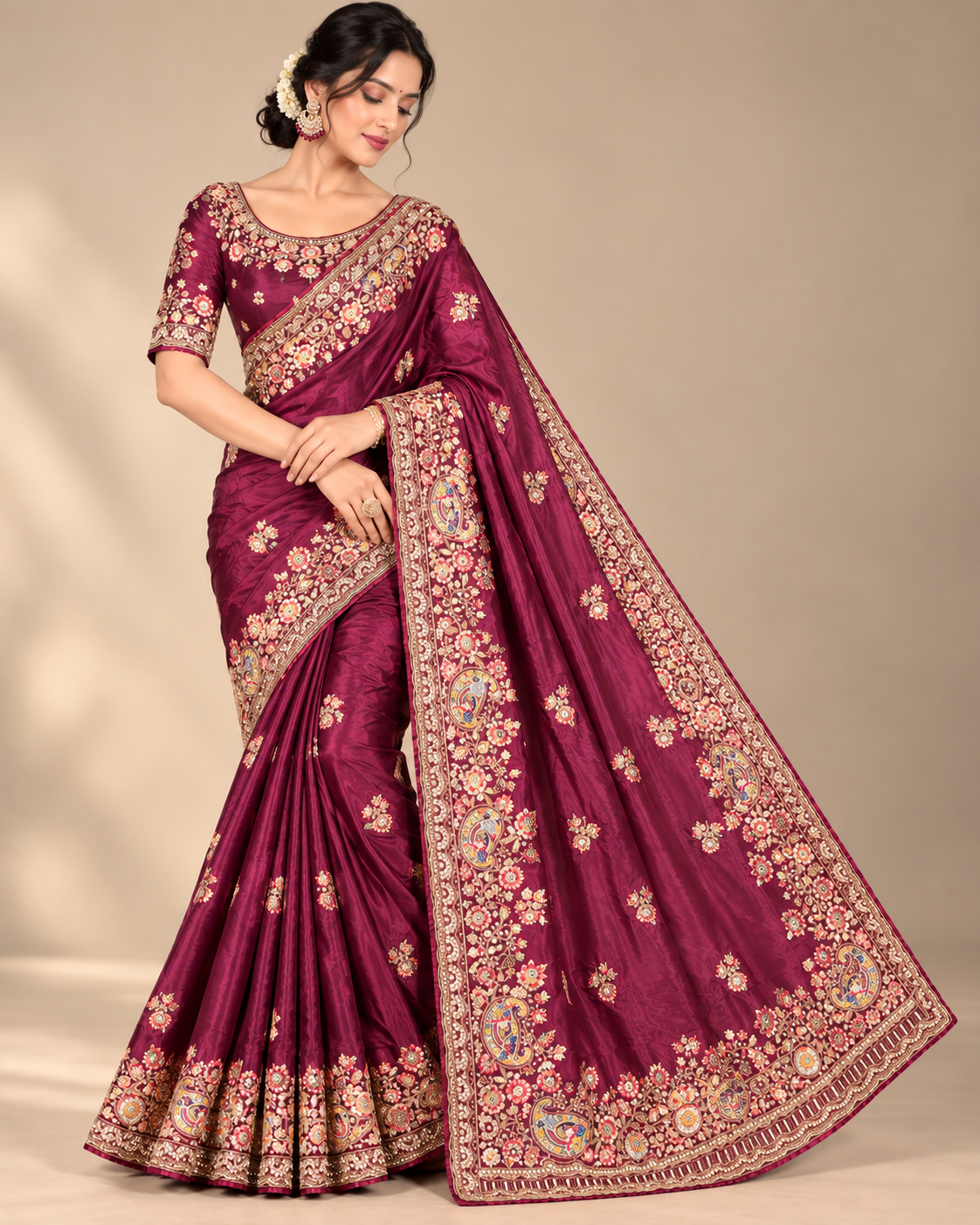 Wine Soft Saree with Multicoloured Floral and Paisley Embroidery