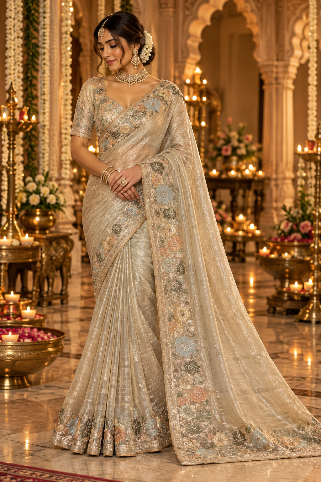 Ivory White and Silver Floral Embroidered Saree