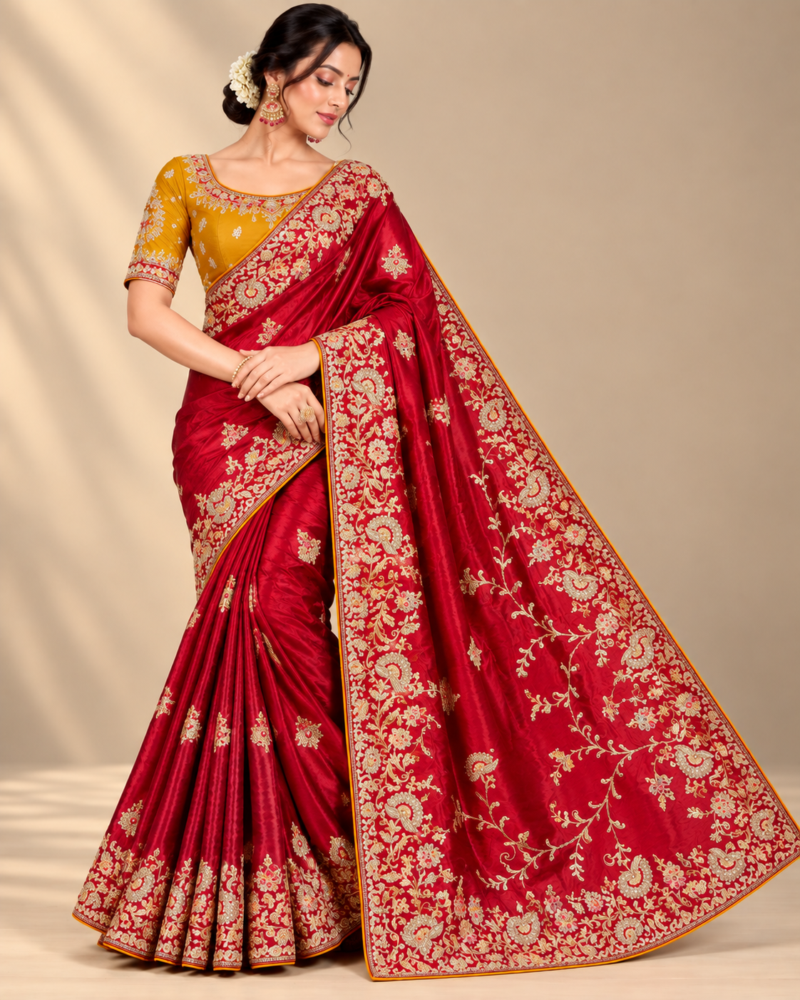 Red Soft Saree with Golden Floral Vine and Paisley Embroidery