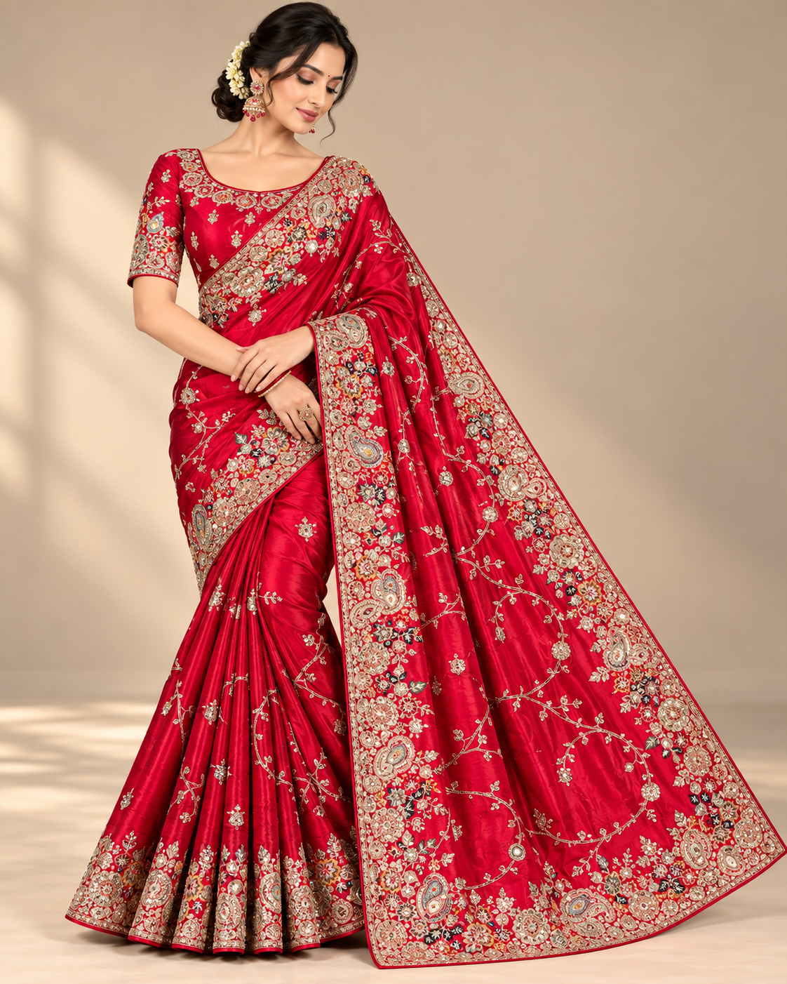Elegant Rani Soft Saree with Floral and Paisley Embroidery Main image