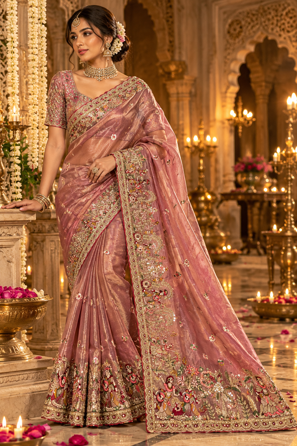 Blush Pink and Silver Floral Embroidered Saree