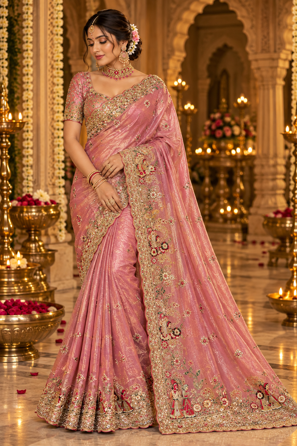 Blush Pink and Silver Floral Embellished Saree