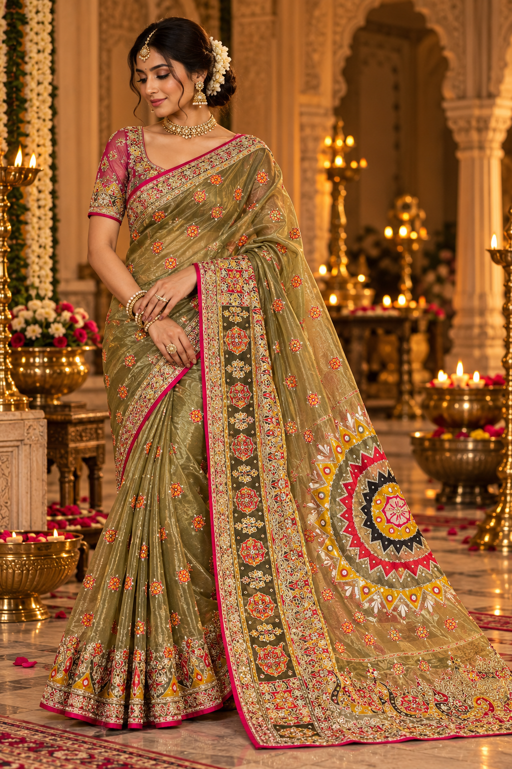 Olive Green and Coral Floral Printed Saree Main image