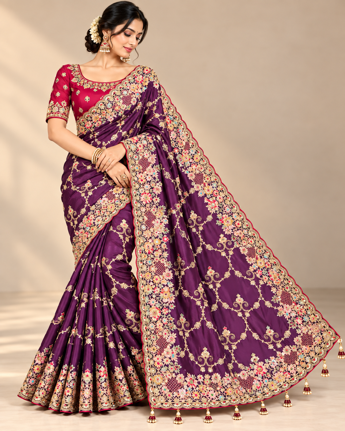 Purple Soft Saree with Multicoloured Floral Embroidery
