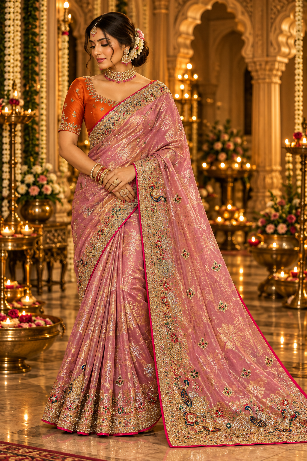 Blush Pink and Silver Floral Embroidered Saree Main image