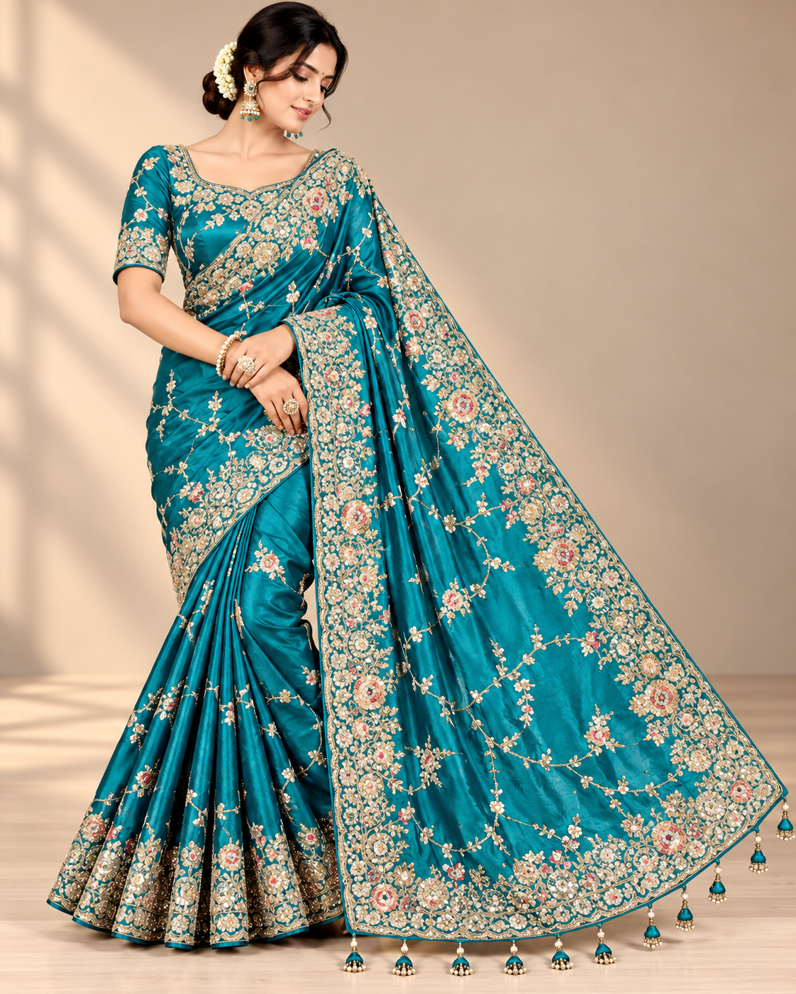 Firozi Soft Saree with Golden Floral Embroidery and Designer Border