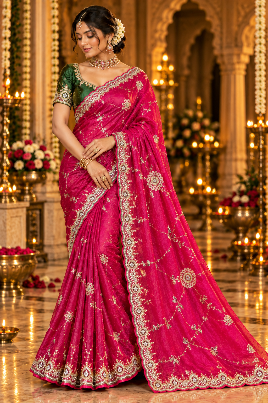 Coral Pink Floral Embroidered Saree