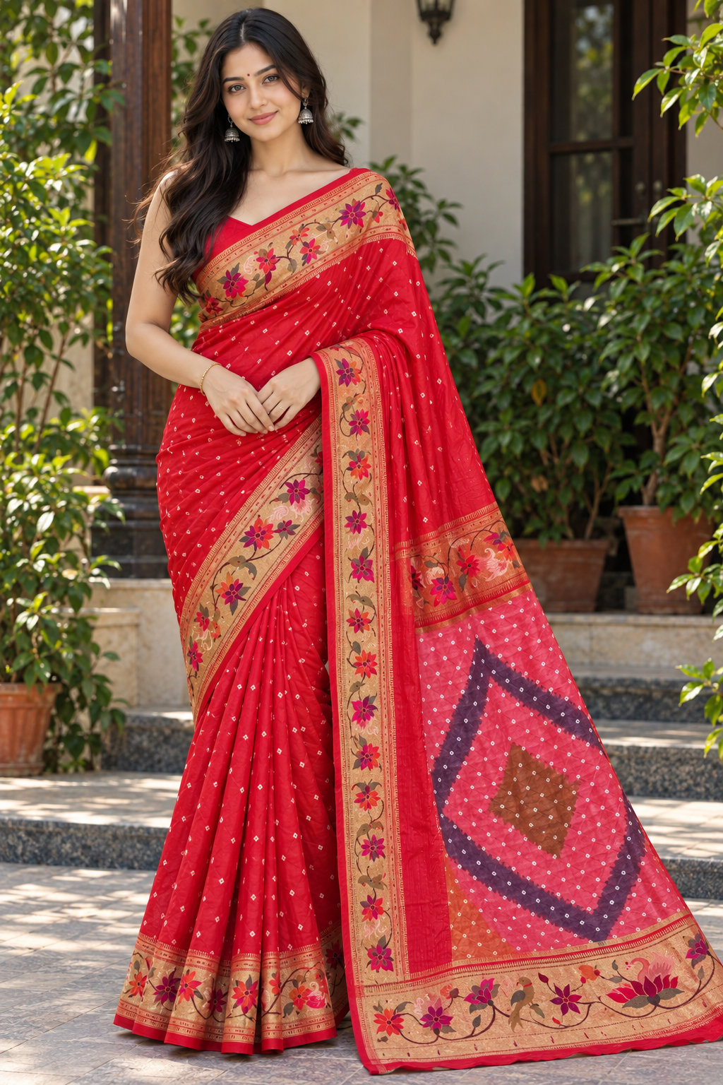Bright Orange-Red Floral Embroidered Saree Main image