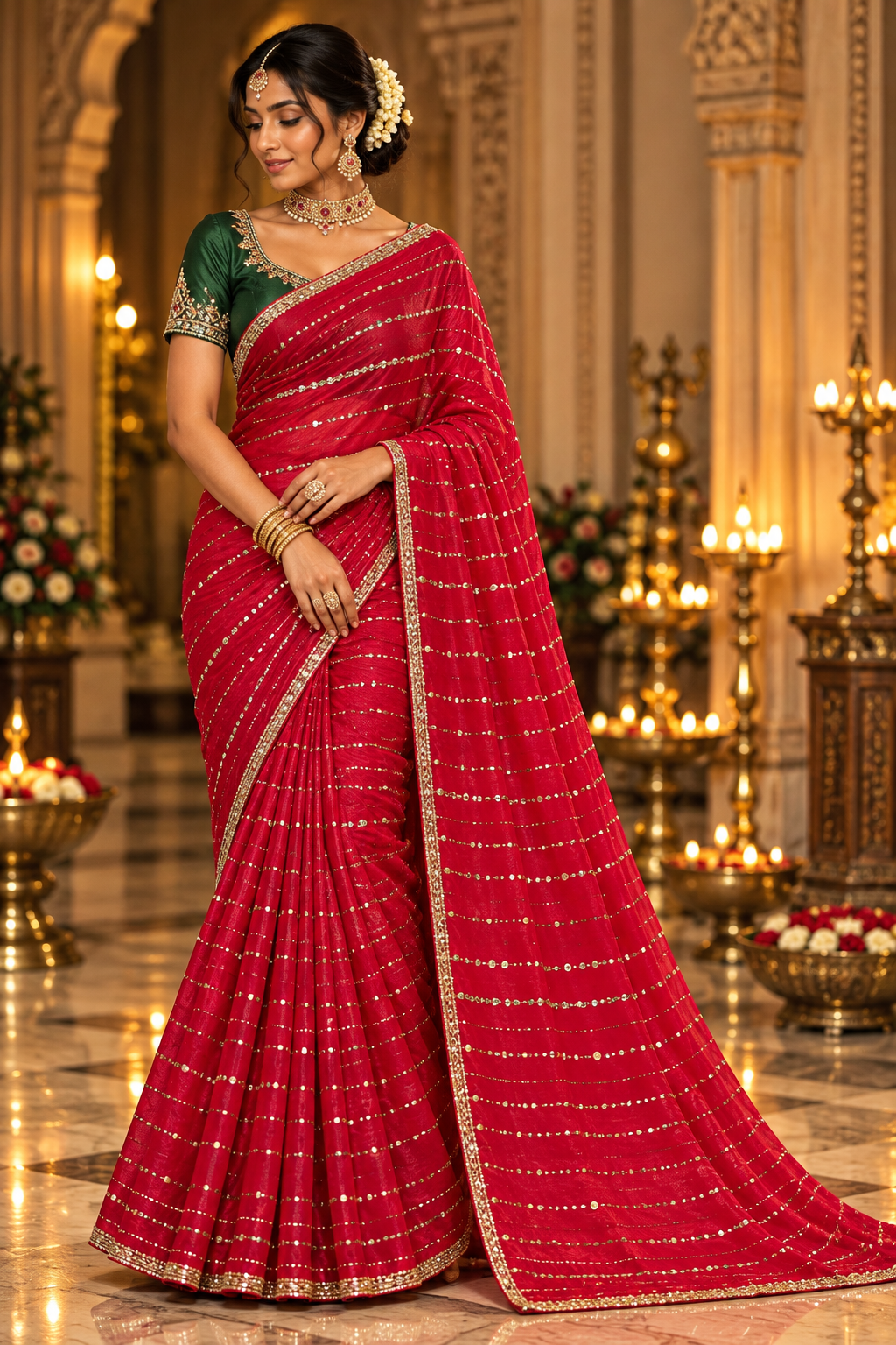 Coral Red Sequined Saree with Green Embroidered Blouse