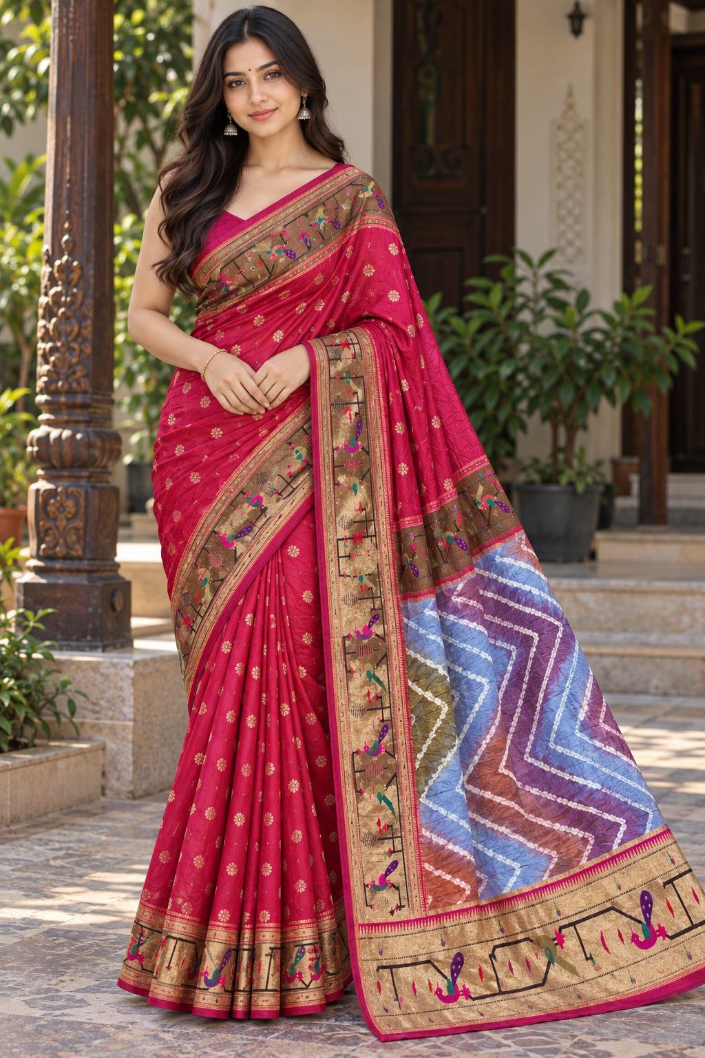 Coral Red Multicolor Embroidered Saree