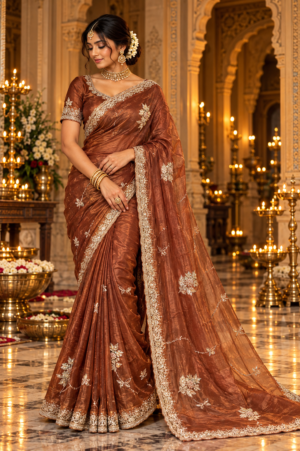 Rust Brown Floral Embroidered Saree Main image