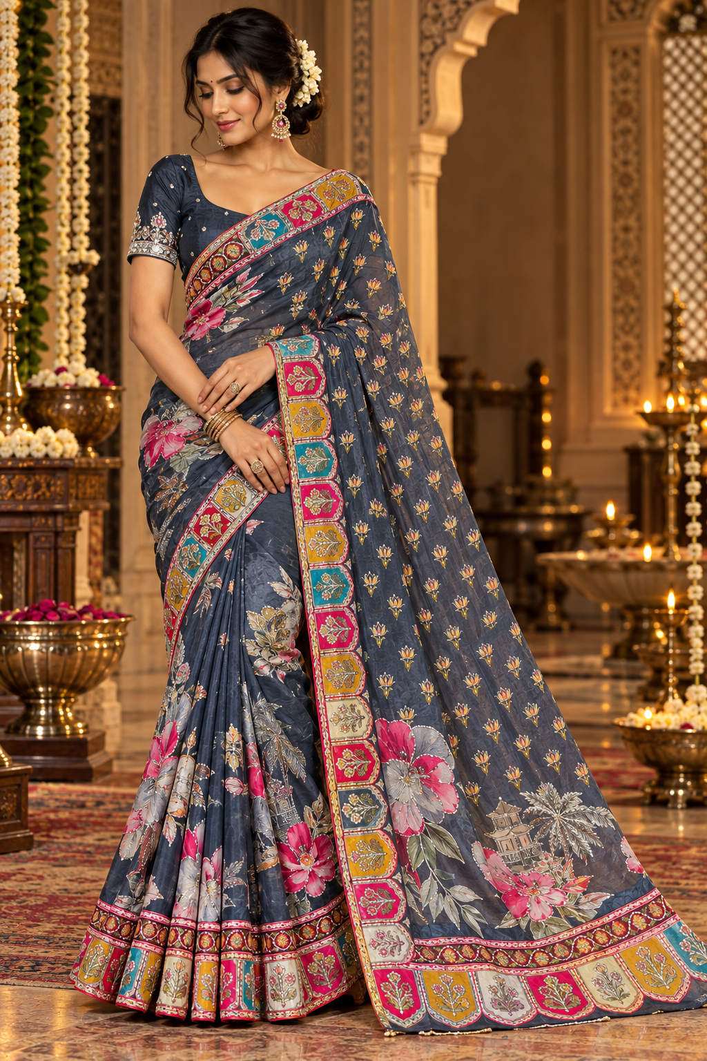 Navy Blue Multicolor Embroidered Saree Main image