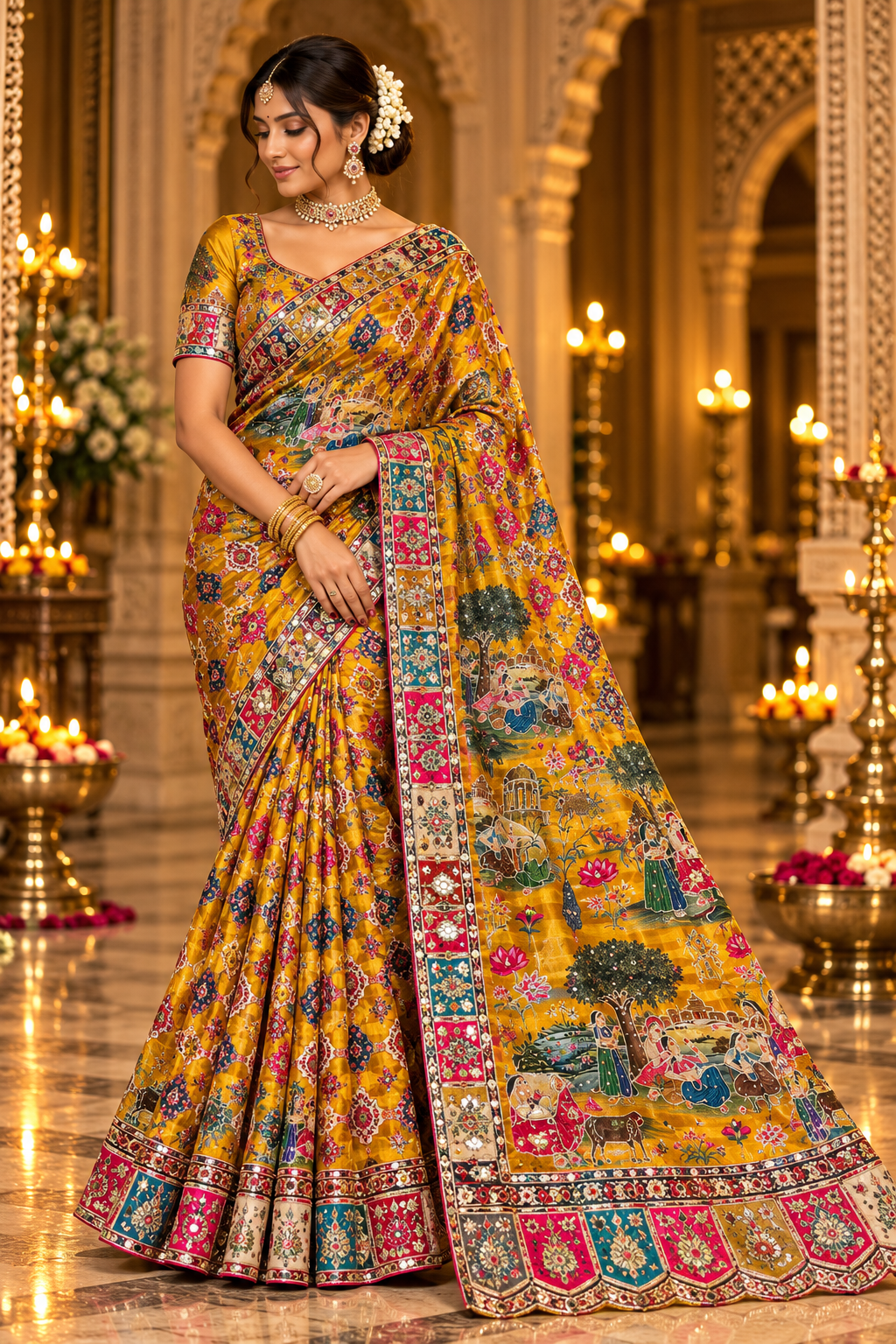Mustard Yellow Multicolor Printed Saree