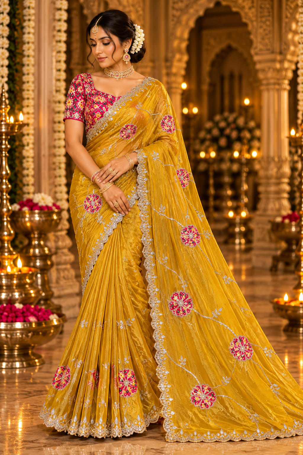 Mustard Yellow Floral Embroidered Saree Main image