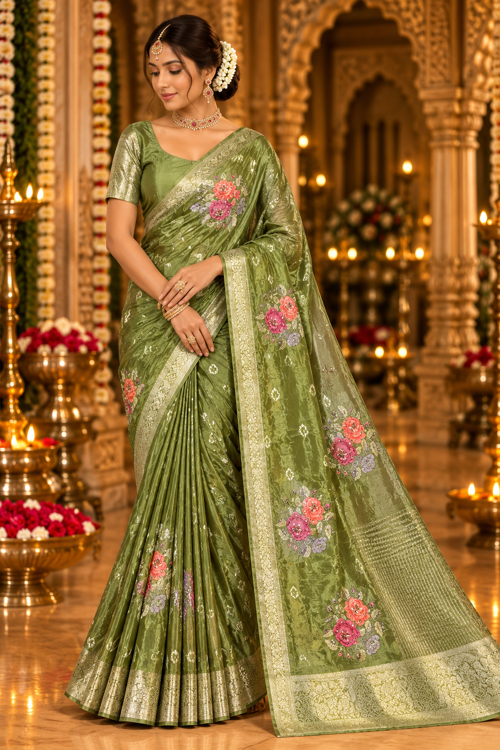Sage Green Floral Embroidered Saree