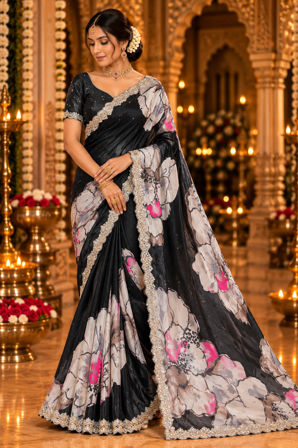 Black Floral Printed Saree with Embellished Border Main image
