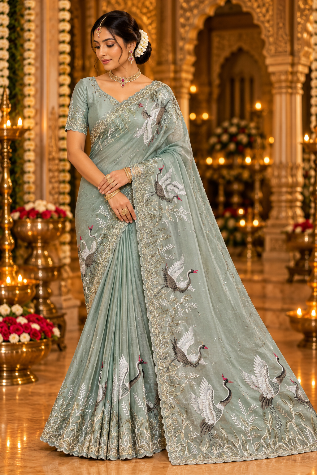 Sage Green Swan Embroidered Saree