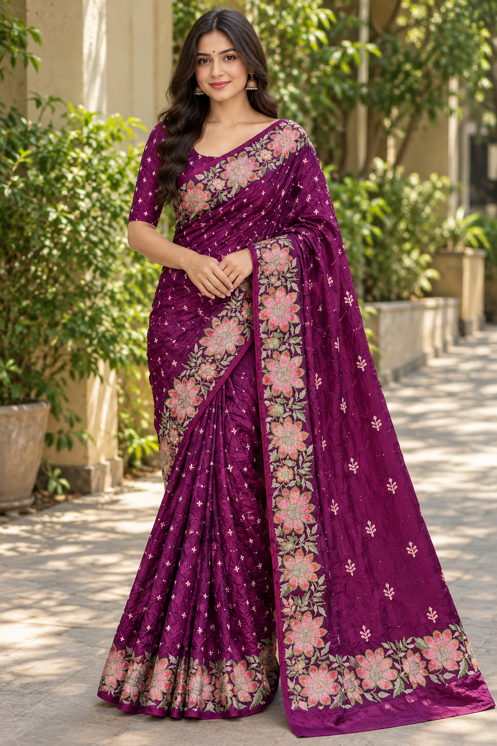 Magenta Purple Floral Printed Saree