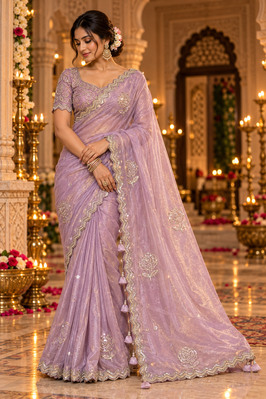 Lavender Floral Embroidered Saree Main image