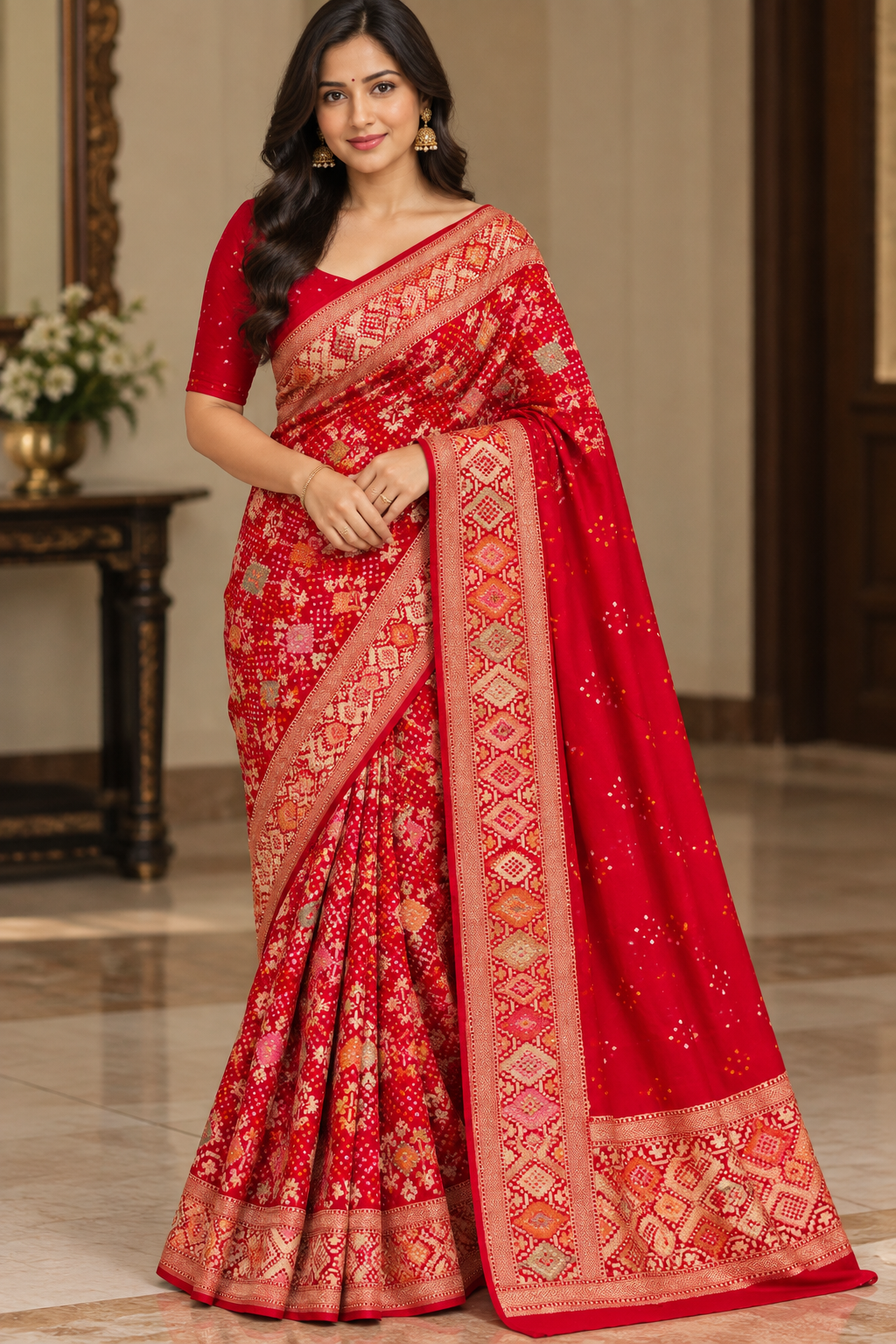 Coral Orange Floral Printed Saree Main image