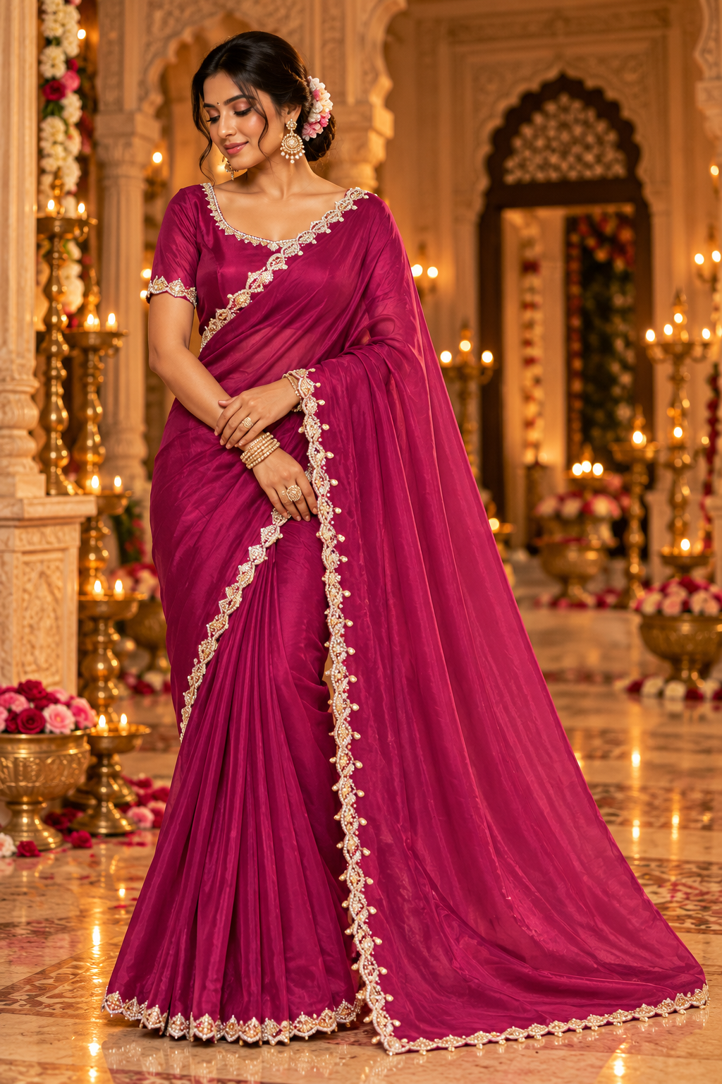 Red Wine Pleated Saree with Delicate Floral Border