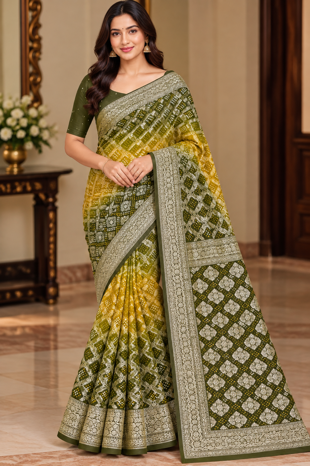 Olive Green & Golden Printed Saree