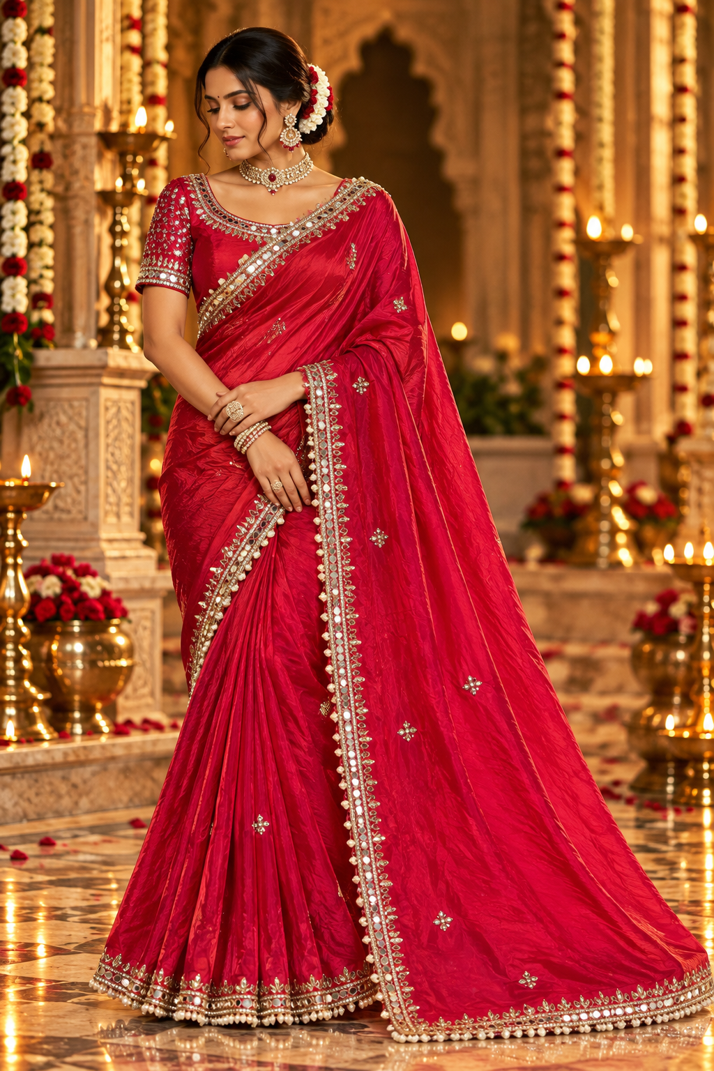 Coral Red Embroidered Saree Main image