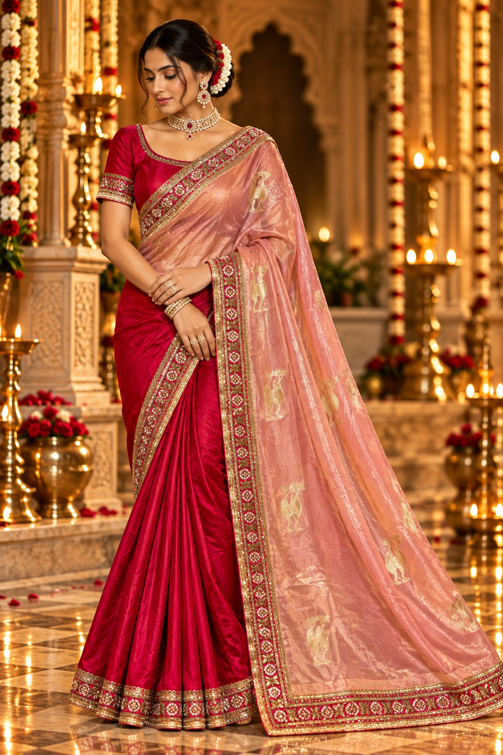 Peach Pink & Coral Embellished Saree