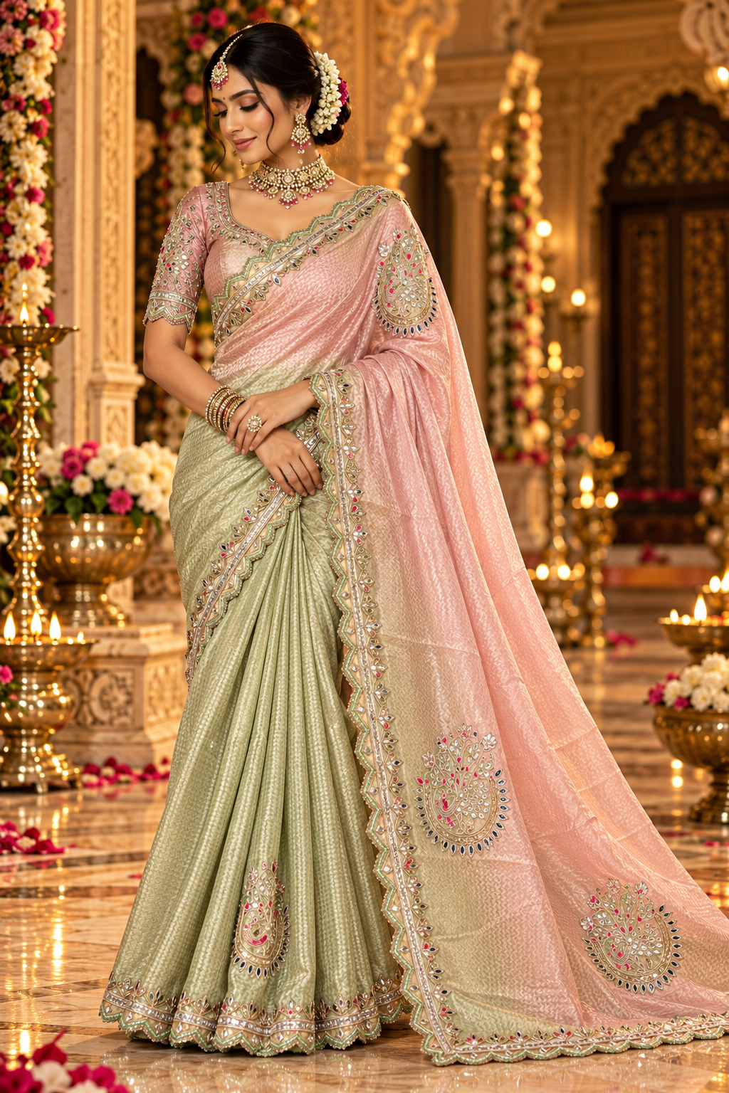 Pastel Mint Green & Blush Pink Embellished Saree