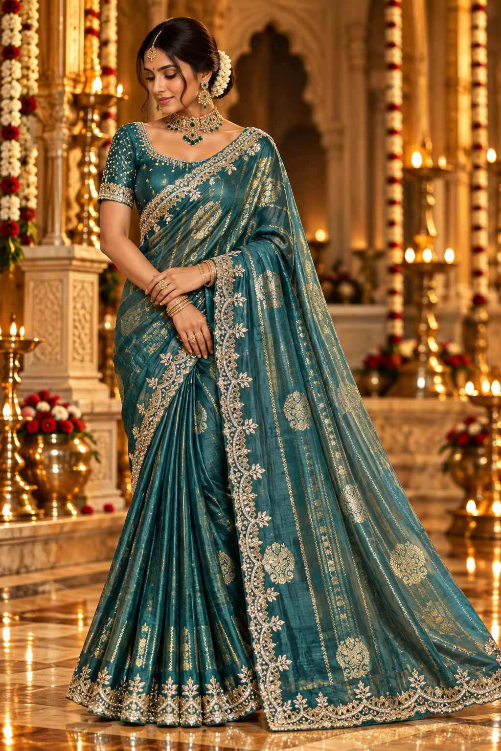 Teal Blue & Silver Floral Embellished Saree Main image