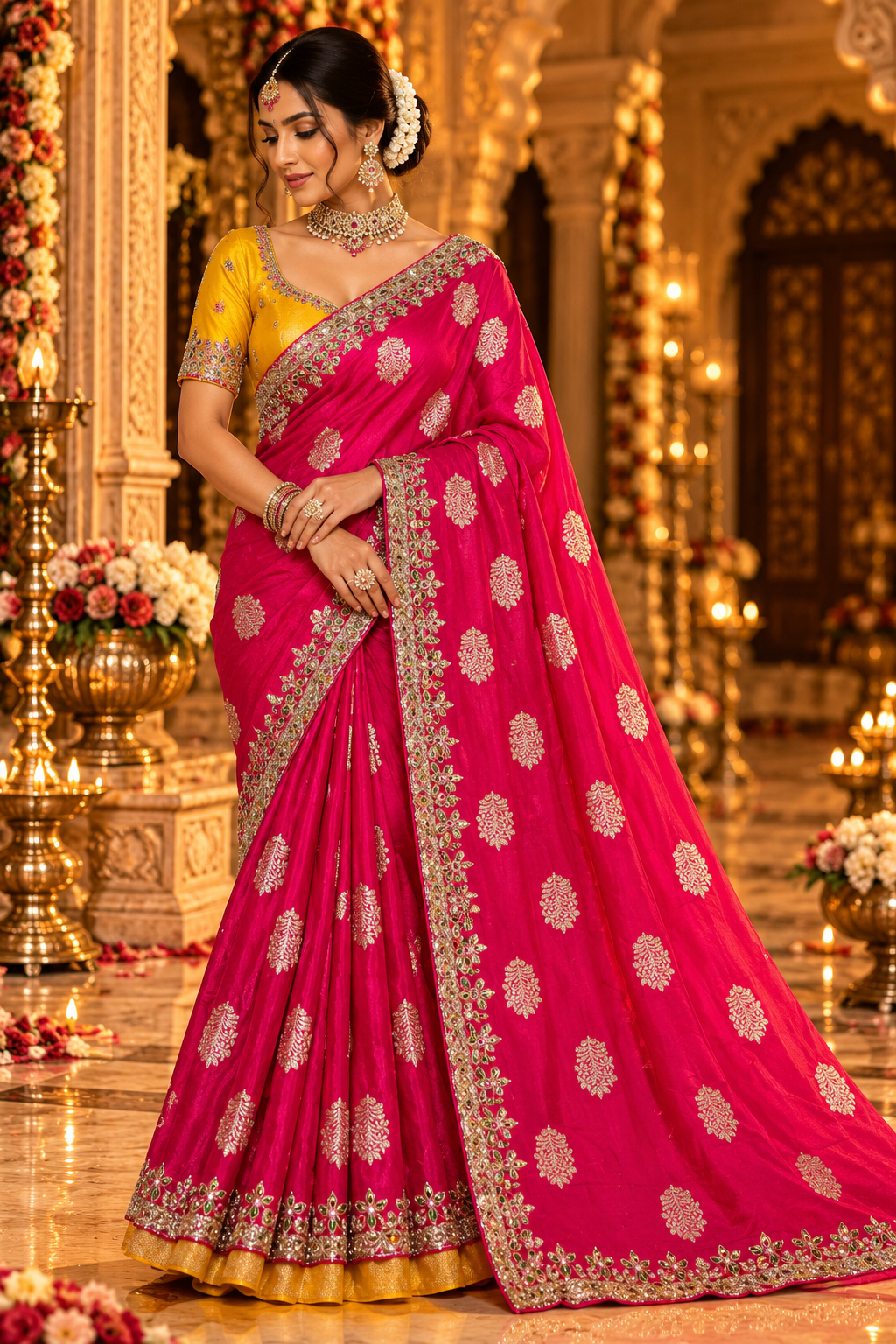 Coral Pink & Yellow Silver Embellished Saree
