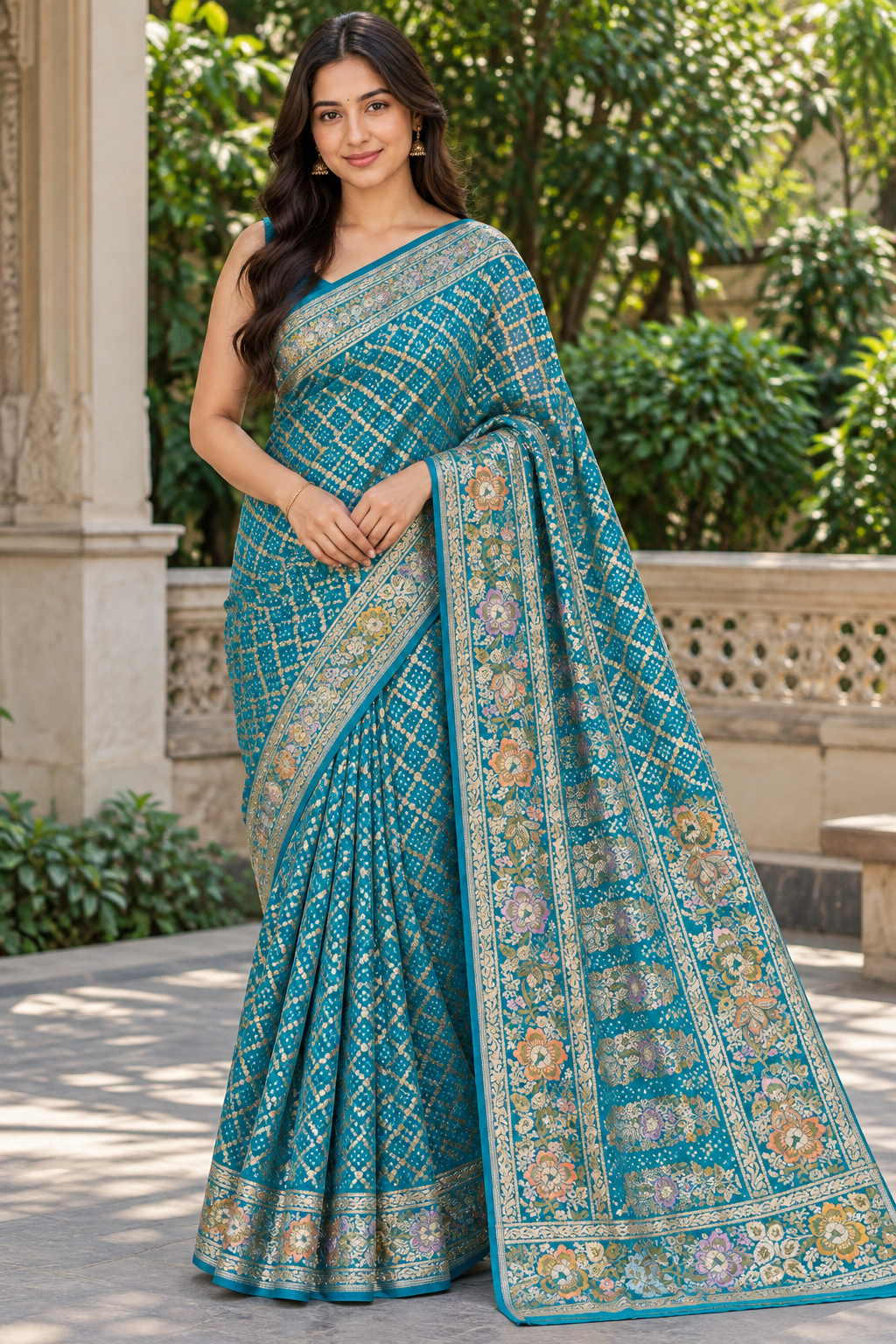 Teal Blue Floral & Geometric Printed Saree Main image