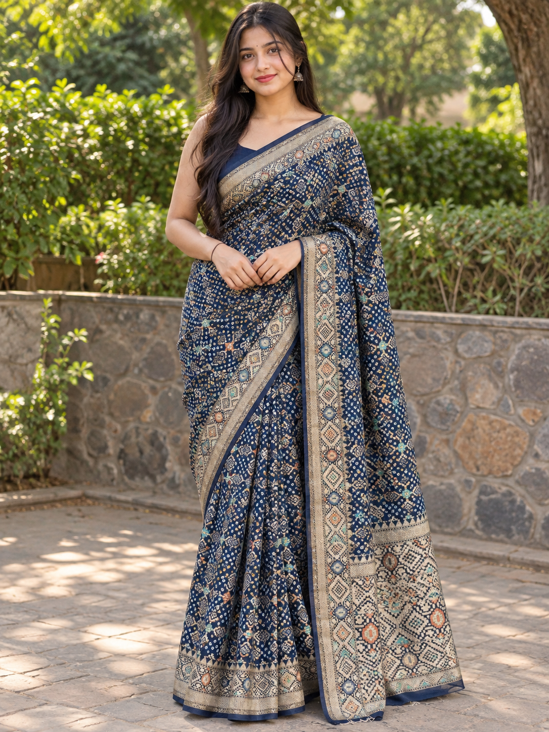 Navy Blue Floral & Geometric Printed Saree Main image