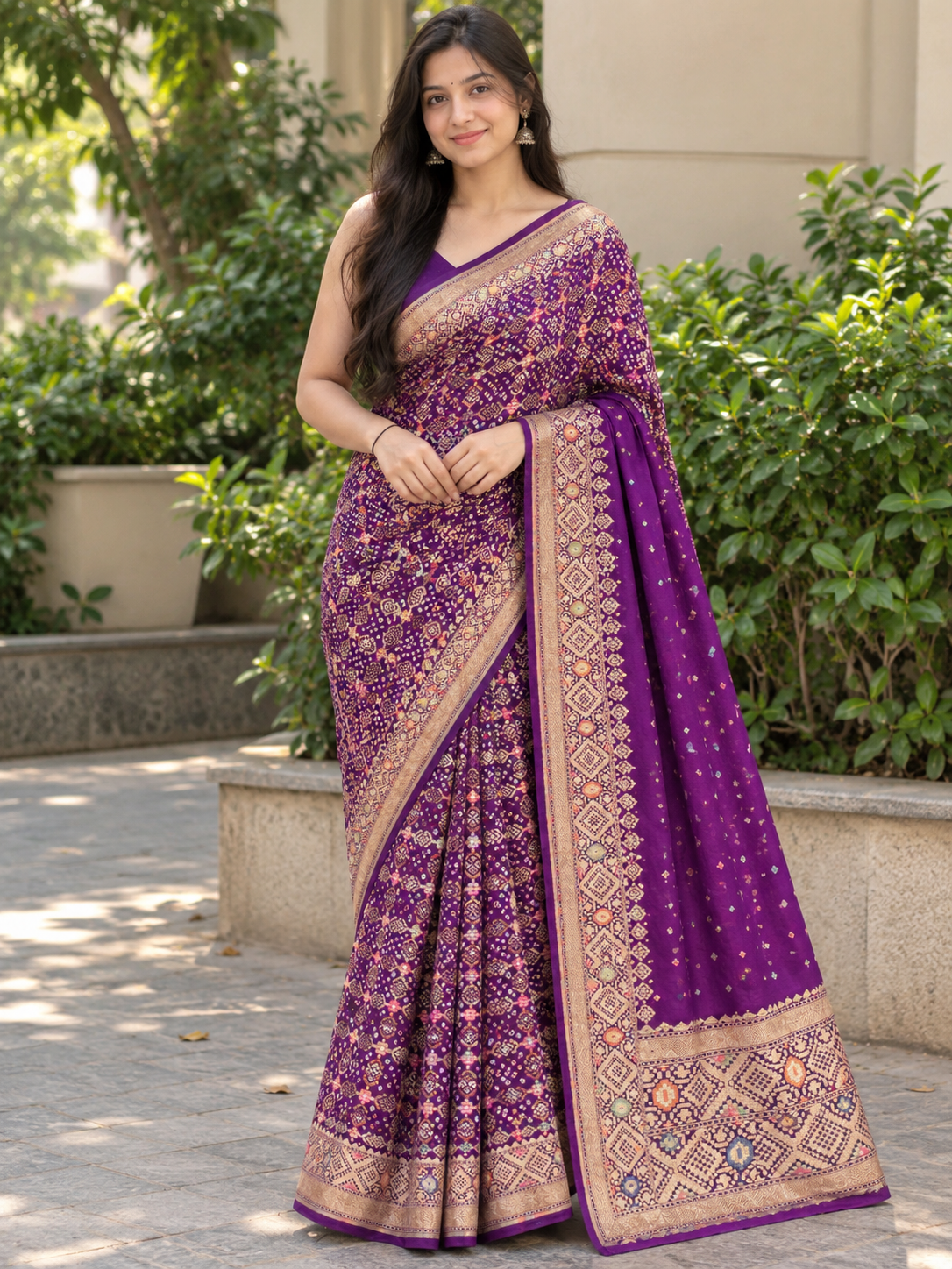 Purple Floral & Geometric Printed Saree