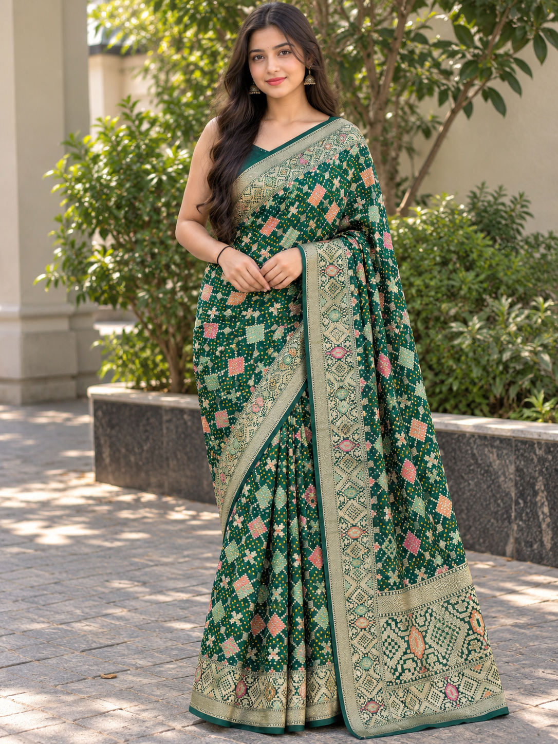 Emerald Green Floral & Geometric Printed Saree