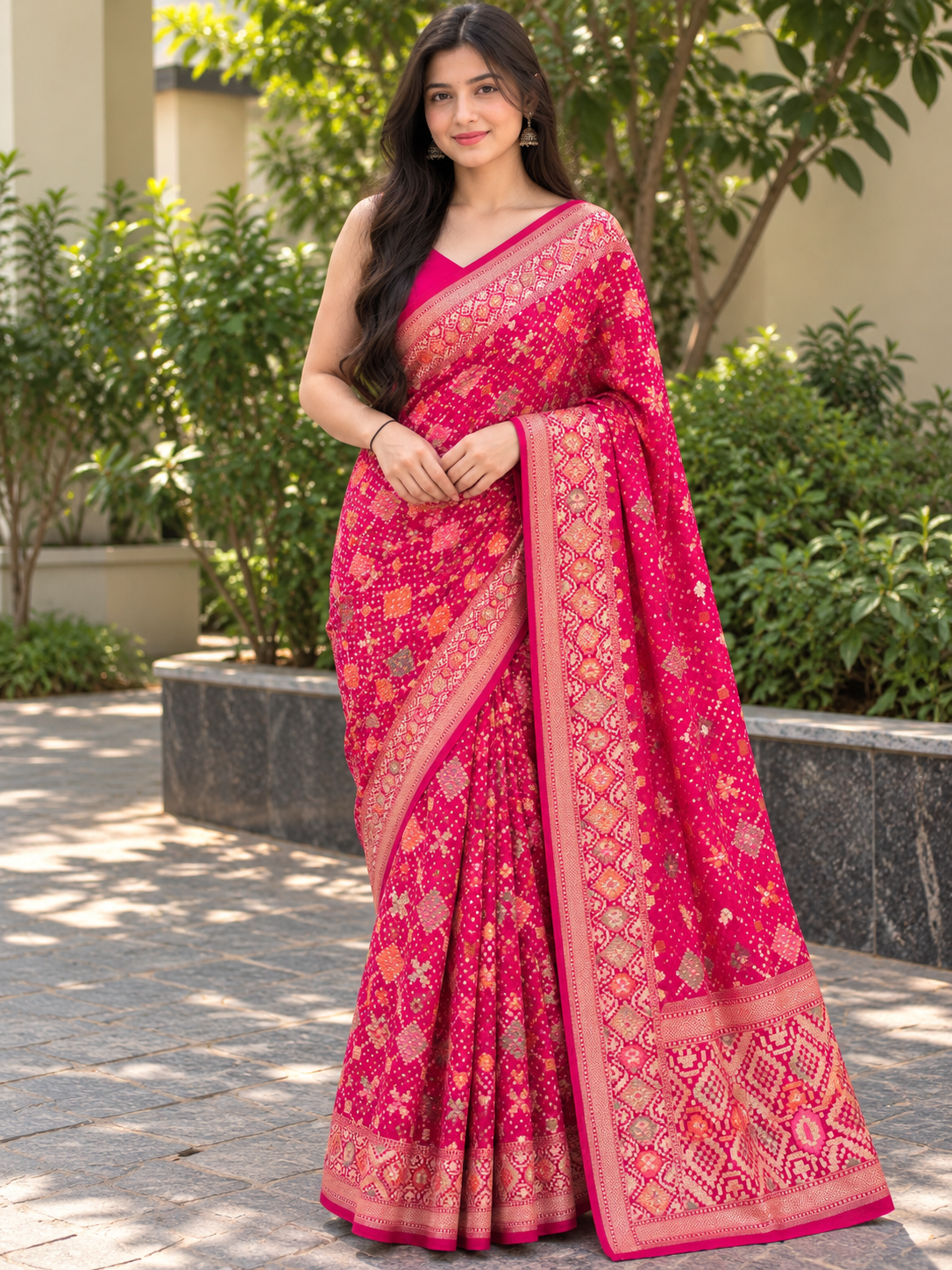 Coral Red Floral & Geometric Printed Saree