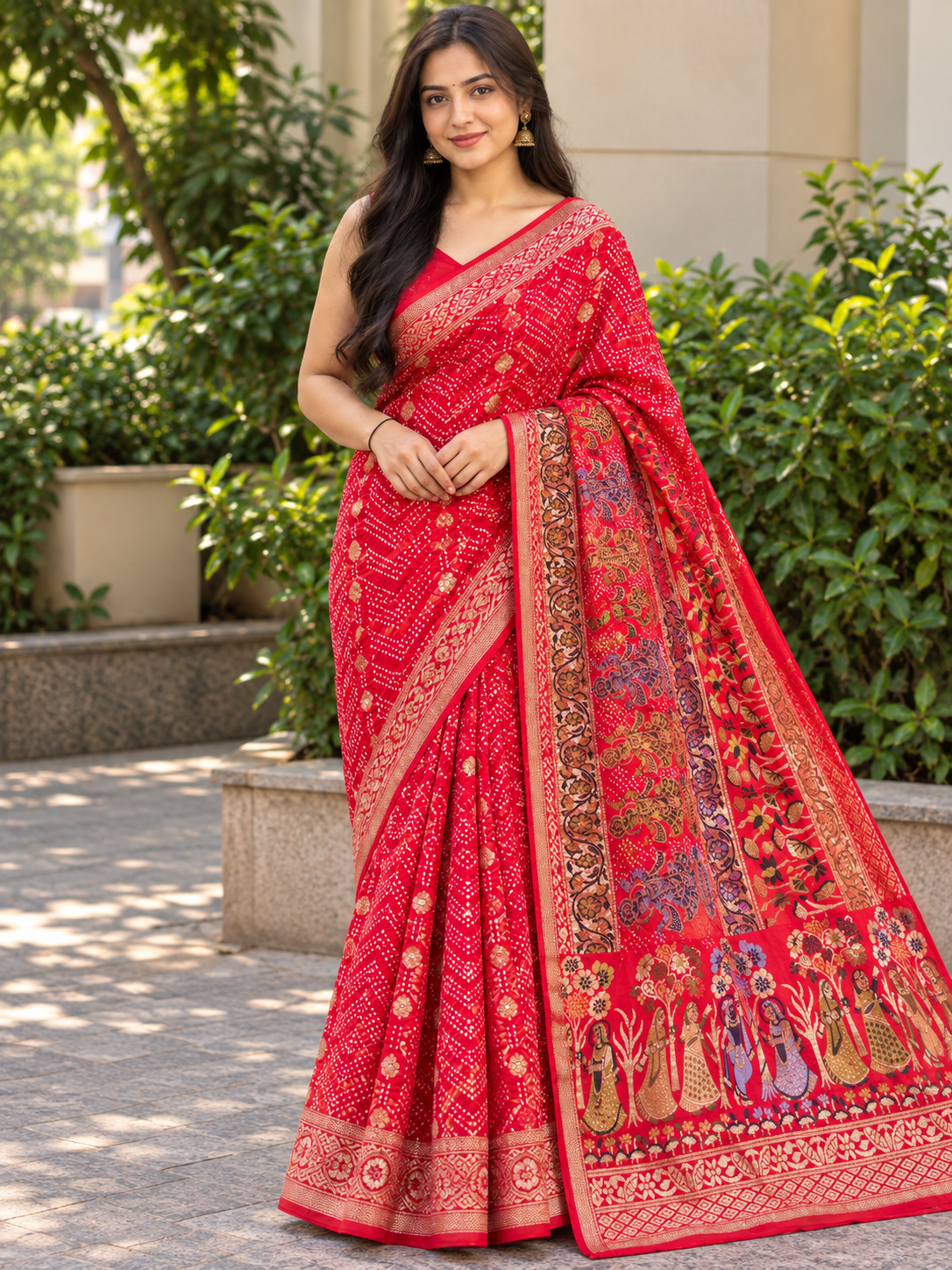 Coral Red Printed Saree