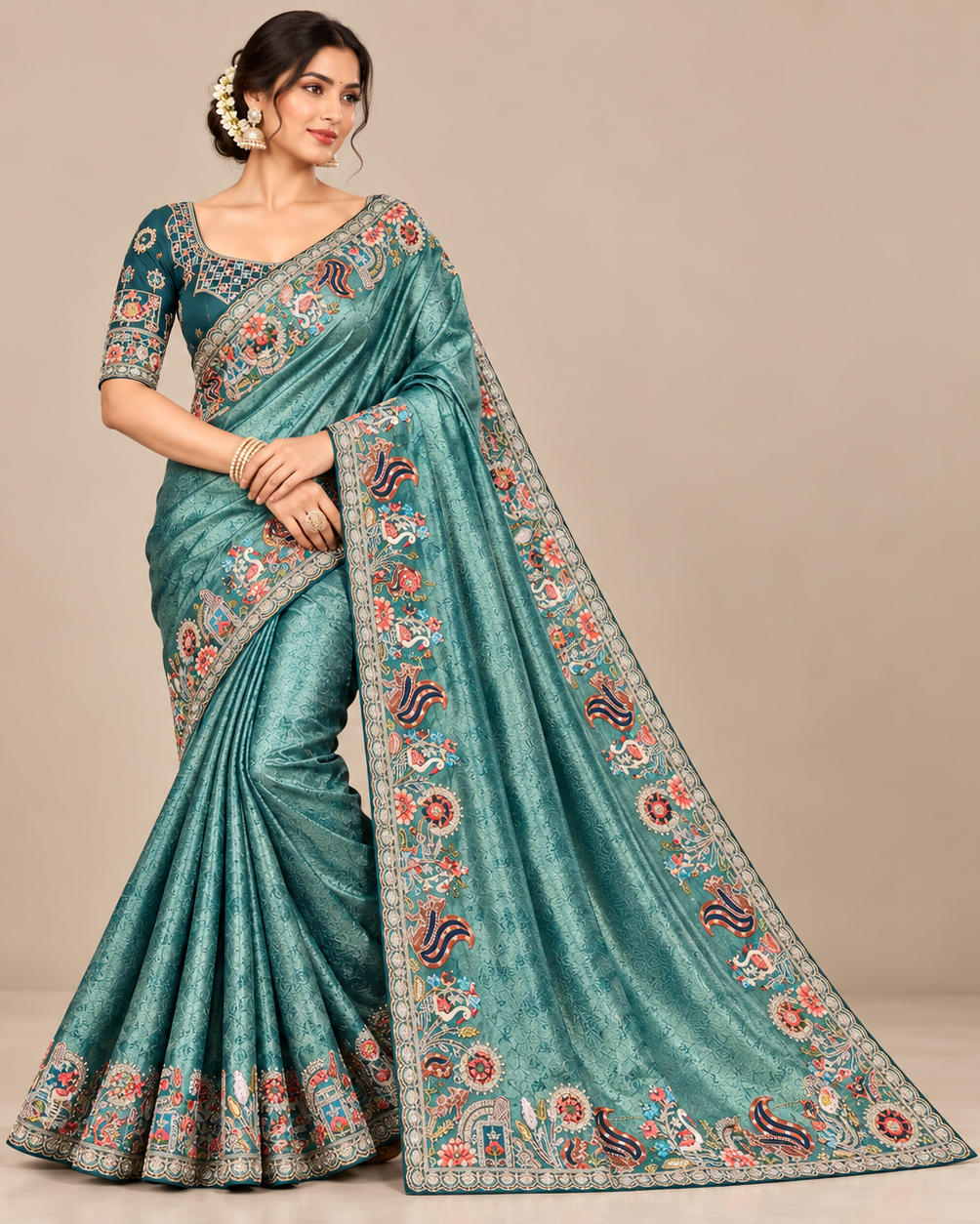 Rama Green Silk Saree with Multicolour Floral Embroidered Border Main image