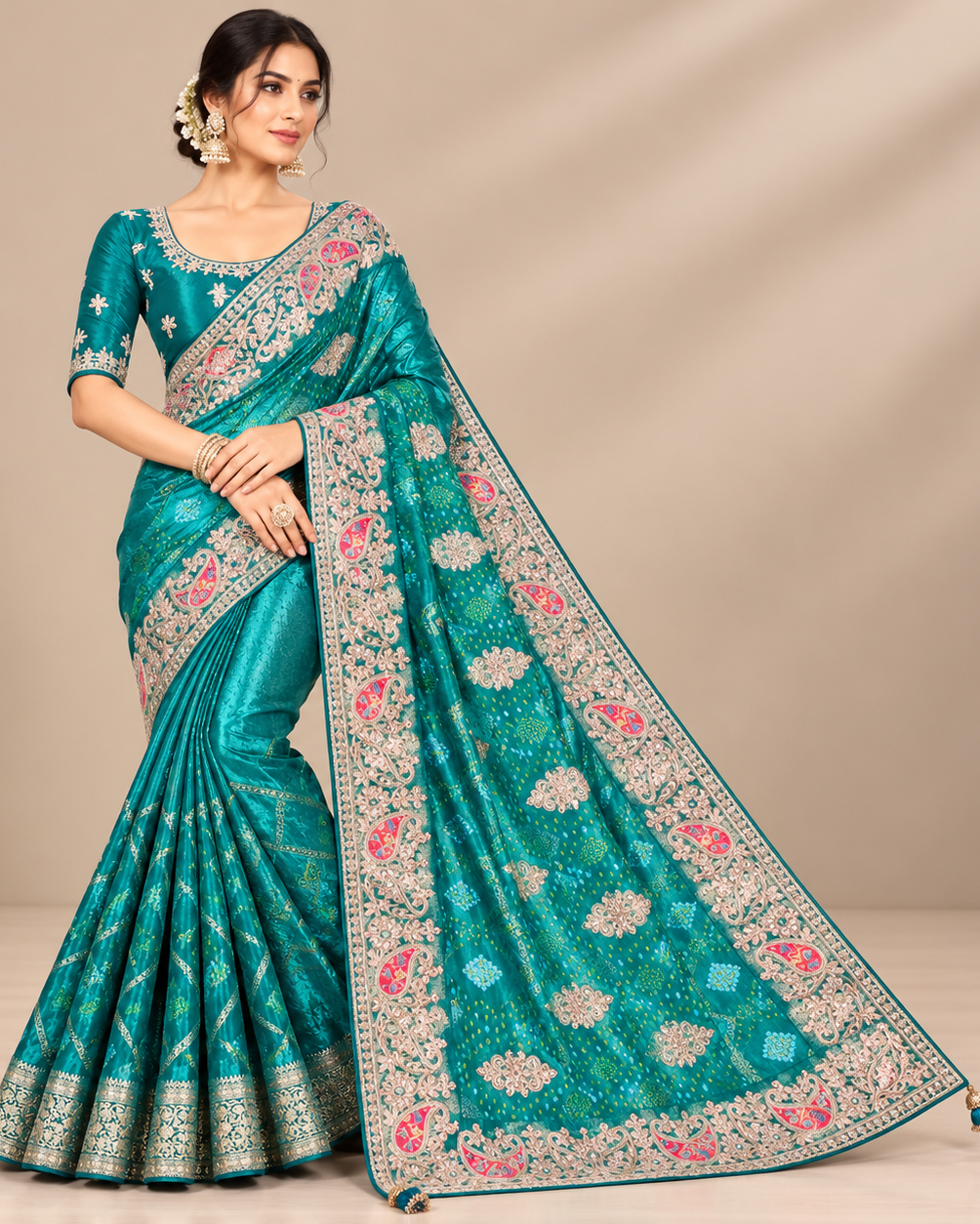 Firozi Soft Saree with Elegant Floral and Paisley Embroidered Border Main image