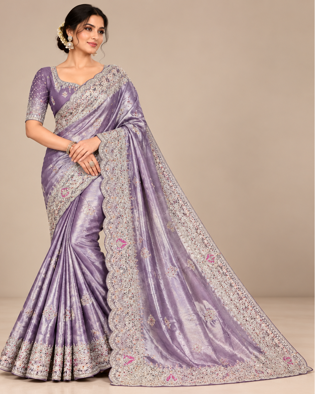 Purple Organza Saree with Intricate Silver Embroidery
