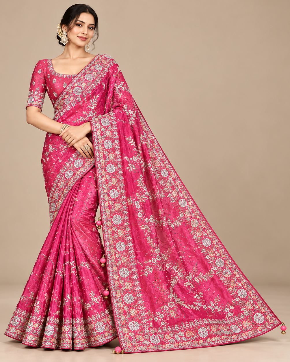 Rani Pink Soft Saree with Silver Floral Embroidery and Decorative Border
