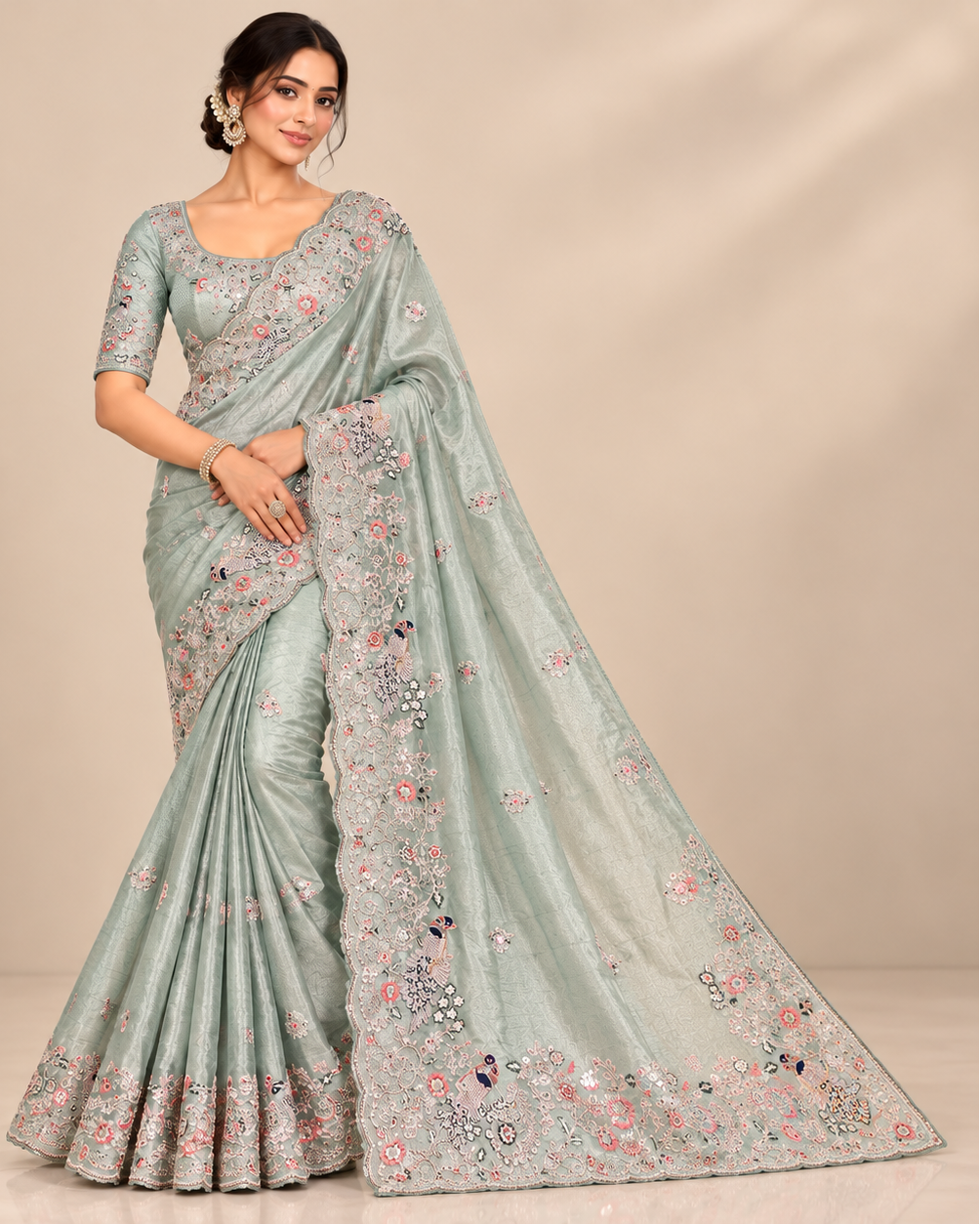 Pista Green Soft Saree with Delicate Floral Embroidery and Scalloped Border