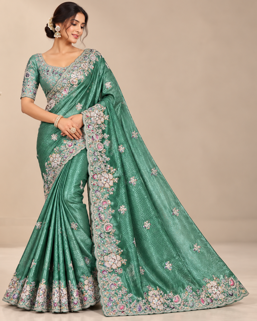 Elegant Rama Green Soft Saree with Floral Embroidery and Scalloped Border