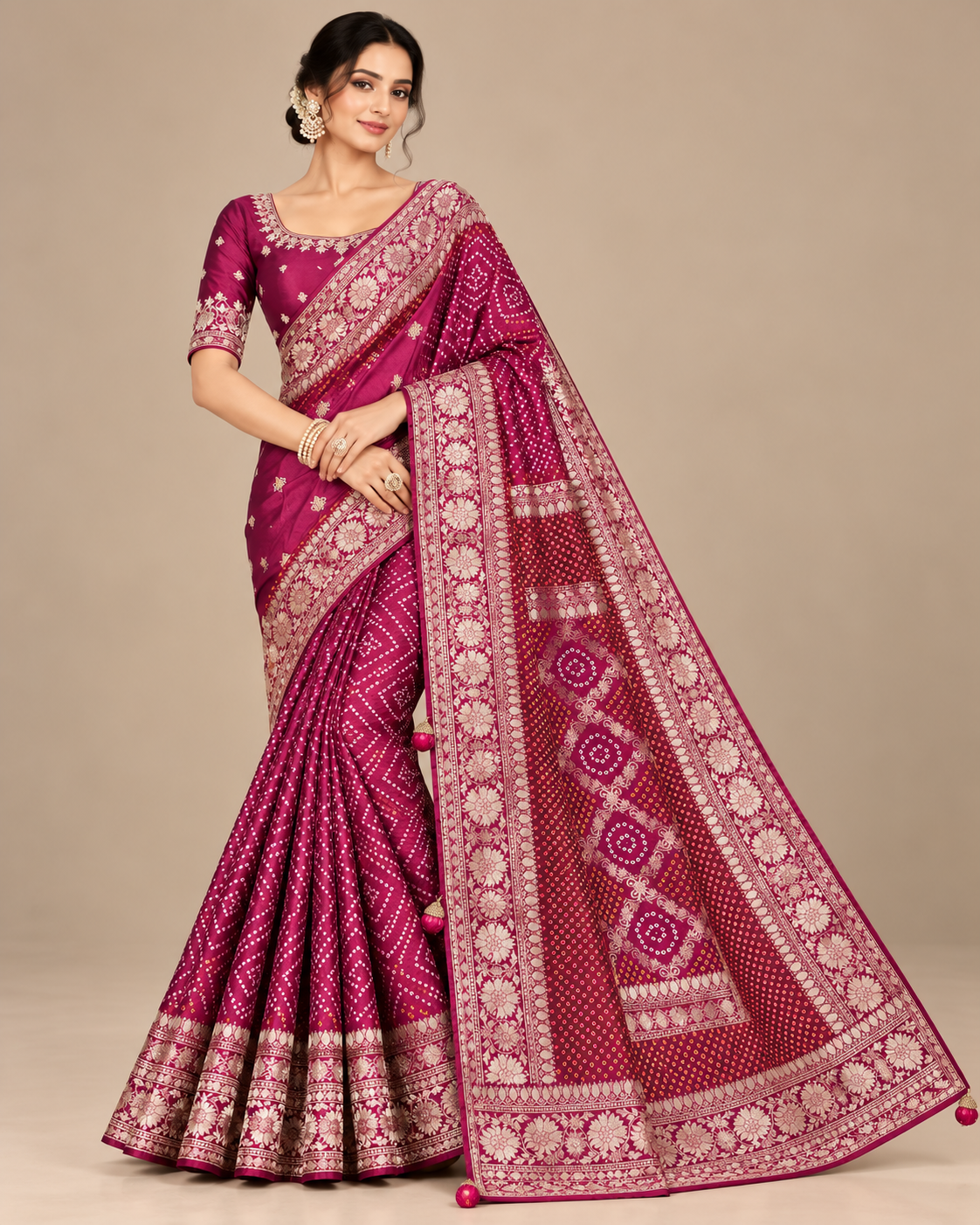 Elegant Rani Pink Soft Saree with Traditional Bandhani Design Main image