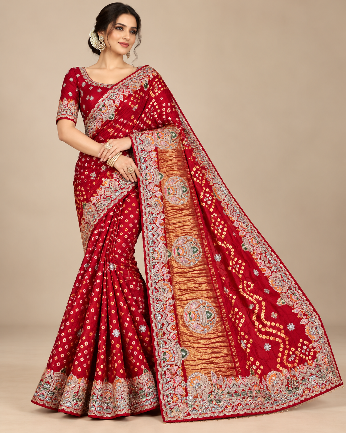 Red Soft Saree with Traditional Bandhani Print Main image