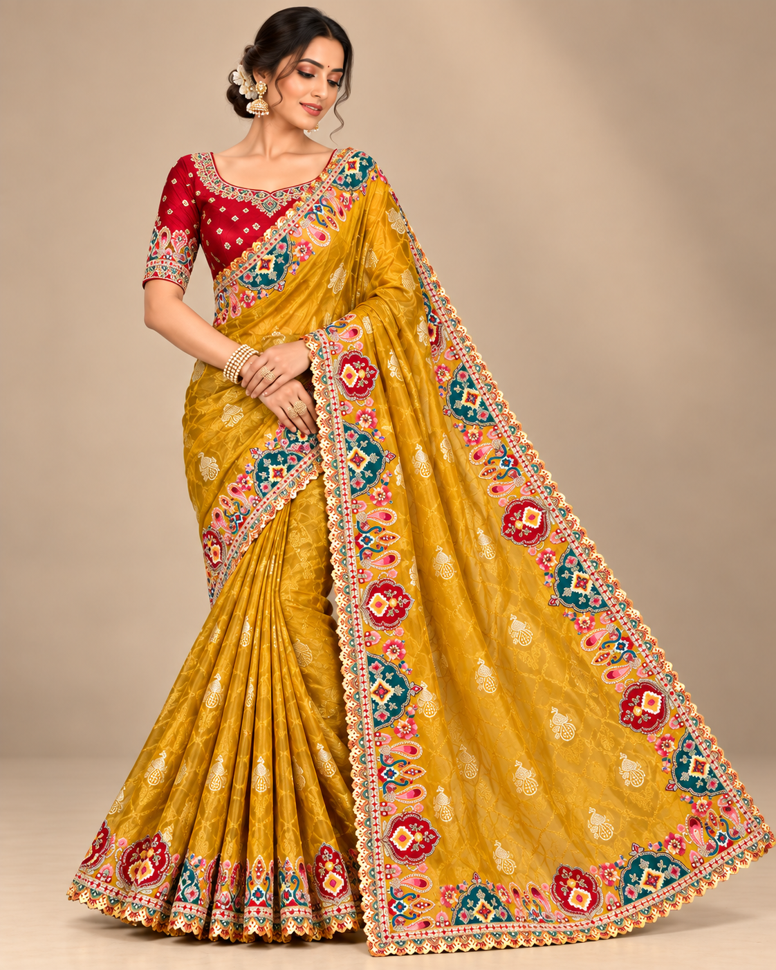 Mustard Yellow Soft Saree with Multicolour Floral Embroidery