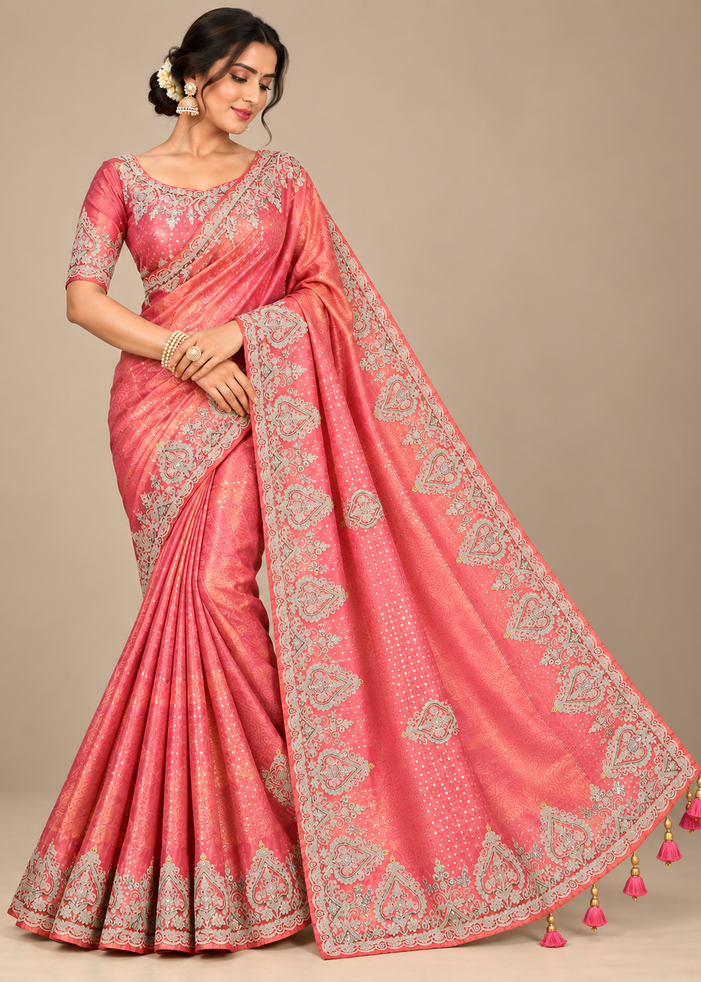 Elegant Coral Pink Silk Saree with Silver Floral Embroidery Main image