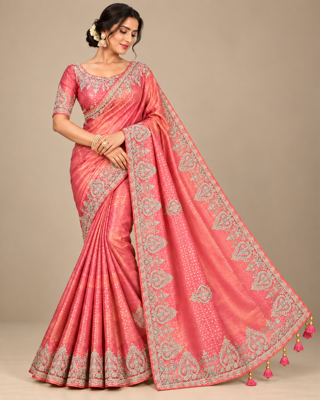 Elegant Coral Pink Silk Saree with Silver Floral Embroidery