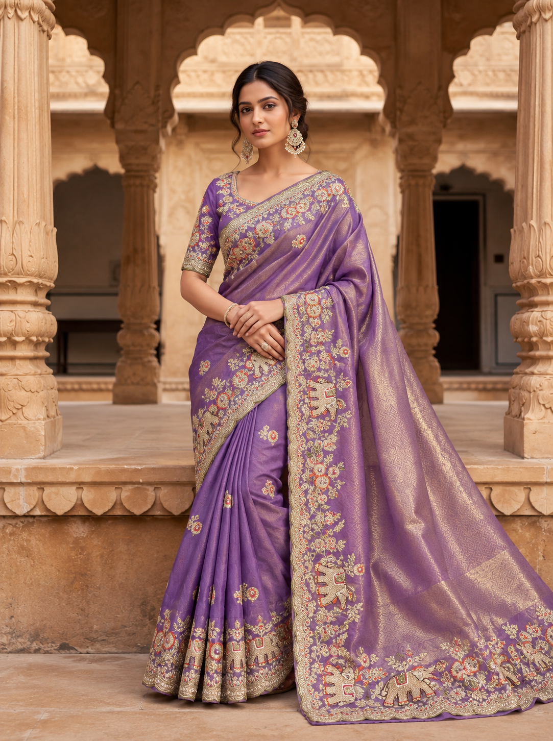 Lavender Purple Floral Embroidered Saree with Detailed Pallu