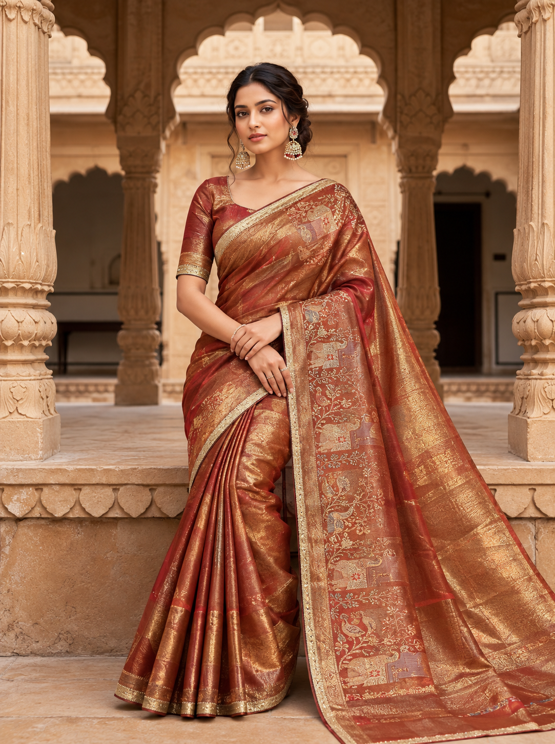 Copper Rust Silk Saree with Traditional Gold Woven Pallu Main image